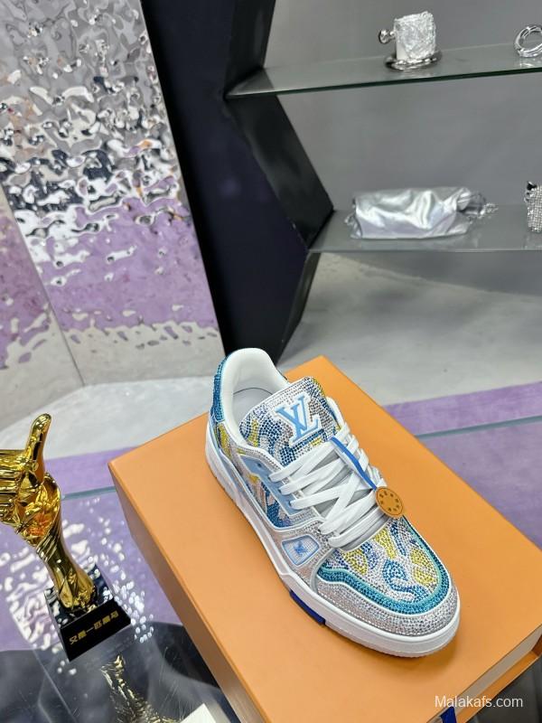 2025 Unisex Louis Vuitton Blue Yellow White Leather Denim Plimsolls Handcrafted Rhinestone AS00400