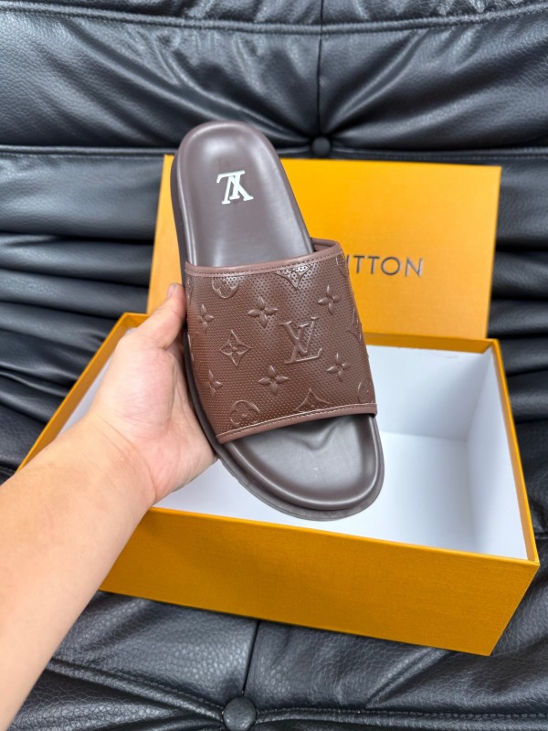 2025 Men Louis Vuitton Brown Leather Slippers AS00170