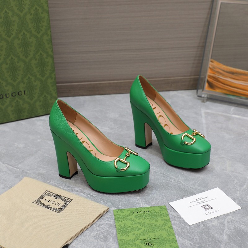 2025 Women Gucci Green Leather Platform Pumps KFY00320