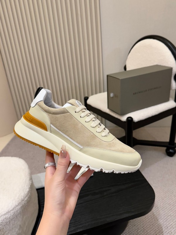 2025 Unisex Brunello Cucinelli Black Milk Blue Apricot Calfskin Leather Sneakers AS00320