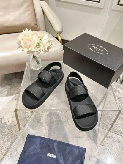 2025 Men Prada Black Leather Sandals KFY00220