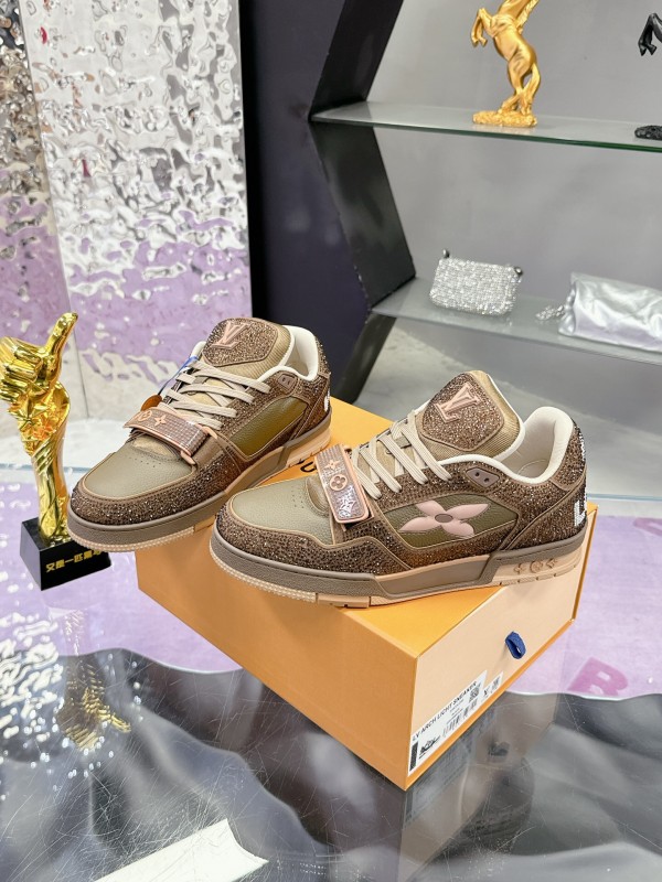 2025 Unisex Louis Vuitton Brown Khaki Leather Fabric Plimsolls Beading AS00400