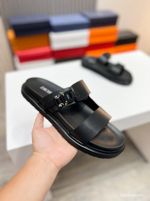 2025 Men Dior Black Leather Slippers Metal CD Diamond AS00190