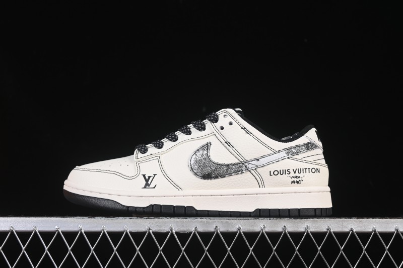 Nike SB Dunk Low LV Collaboration Beige Black Denim Swoosh Anniversary Custom Low-Top Skate Shoes - JP1628-027