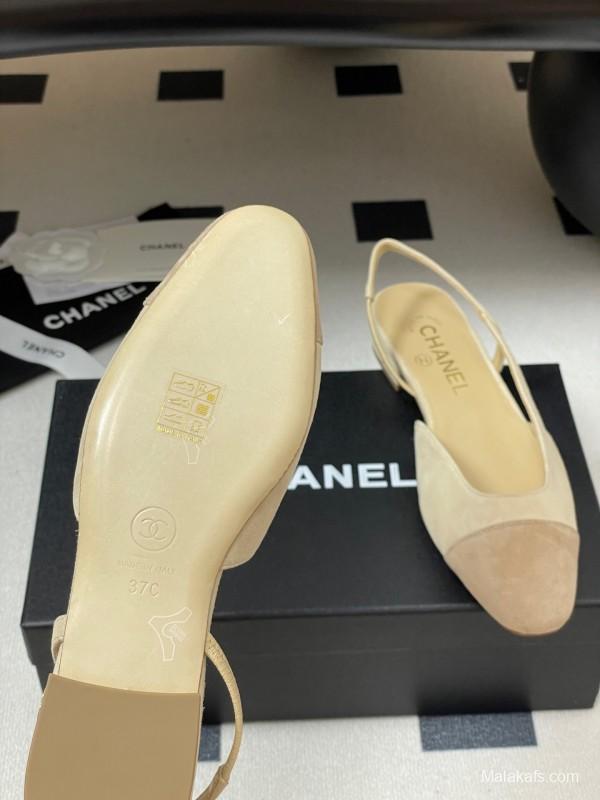 Chanel Sling-back Two-Tone Suede Slingback Sandals Flat/Block Heel - KFY00280