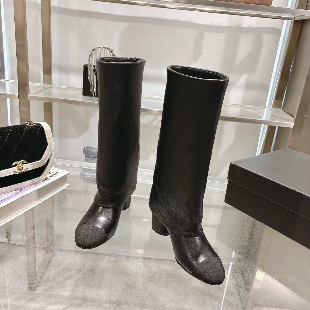 Chanel 2025/SS Autumn Winter Runway Turn-Cuff Block Heel Straight Tube Boots Classic Color Block - LY00510