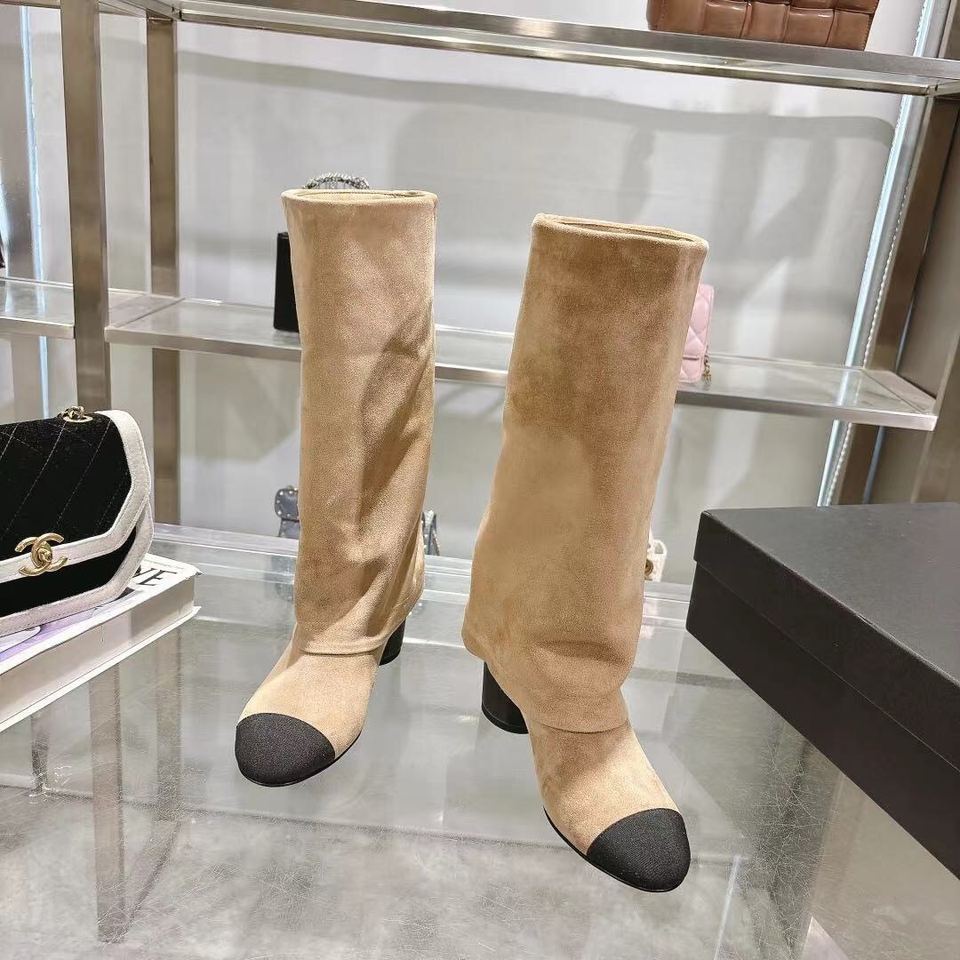 Chanel 2025/SS Small Fragrance Autumn Winter Runway Turned-Cuff Block Heel Straight Tube Boots Classic Color Block - LY00510