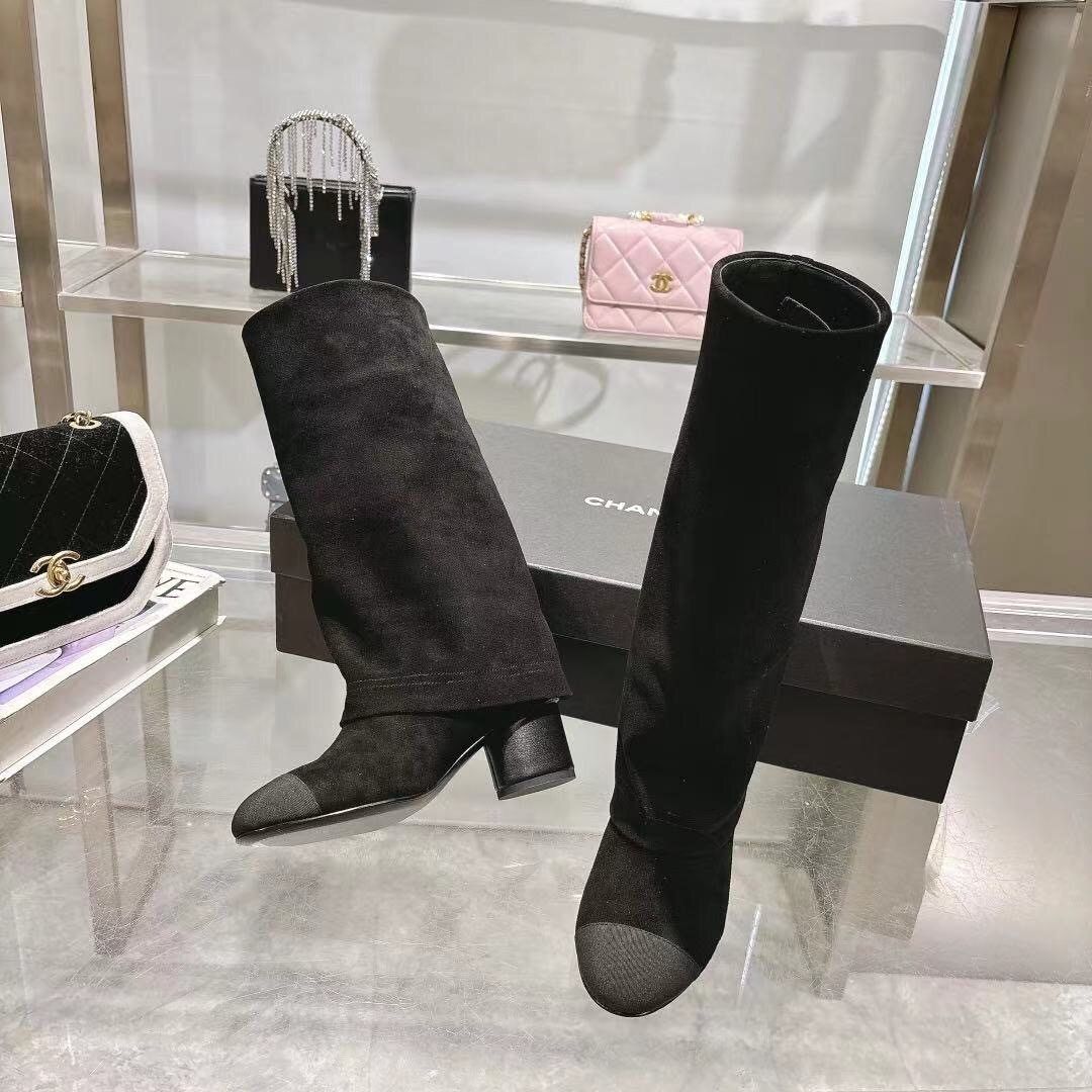 Chanel 2025/SS Small Fragrance Autumn Winter Runway Turned-Cuff Block Heel Straight Leg Boots - LY00510