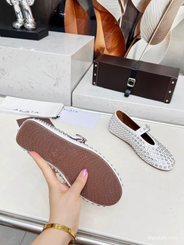 Alaia 2025/SS Crystal Embellished Ballet Dance Shoes with Arch Support and 0.8CM Inner Height - LY00340