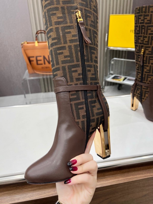 FENDI Delfina Round Toe Boots with FF Buckle and Heel Detailing - LY00