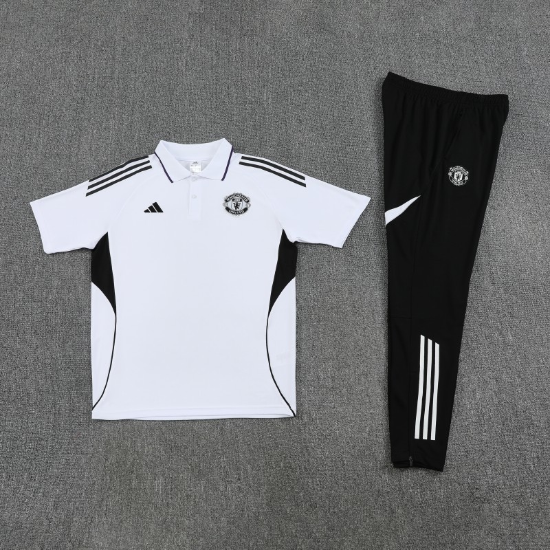 26/27  Manchester United White Polo Training Shirt + Long Pants Tracksuit