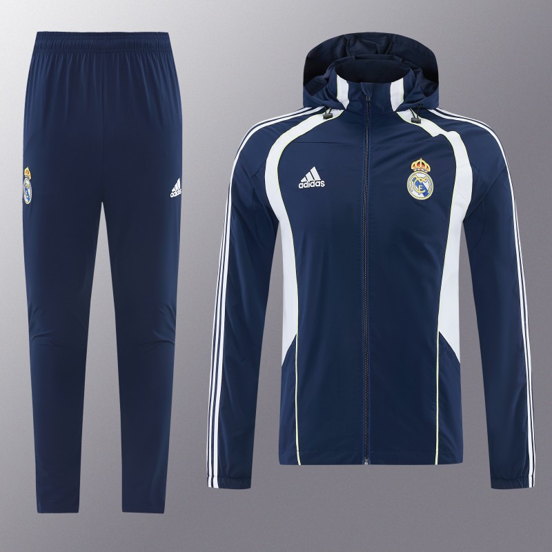26/27 Real Madrid Navy Blue Full Zipper Hooded Windbreaker Tracksuit + Long Pants