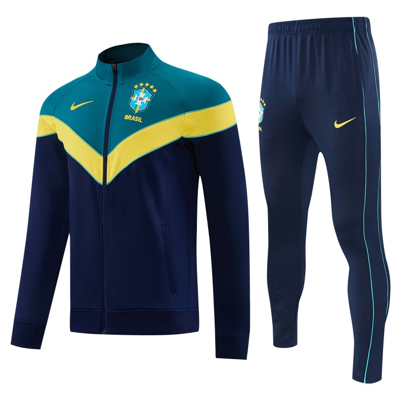 26/27 Brazil Teal&Navy Blue Full Zipper Jacket Tracksuit + Long Pants
