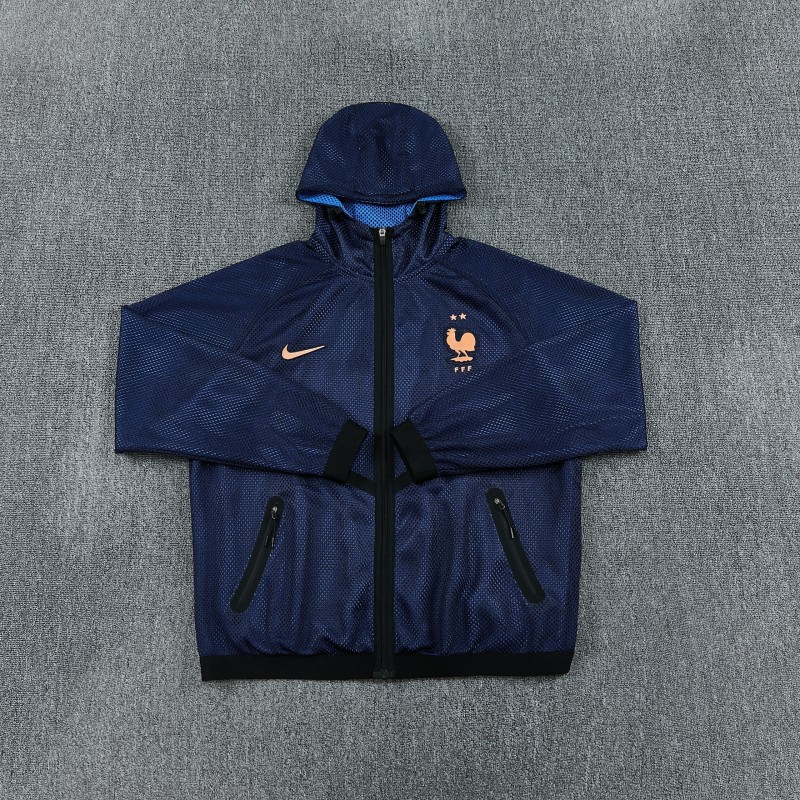 26/27 France Navy Blue Mesh Anthem Full Zipper Hooded Windbreaker Jacket