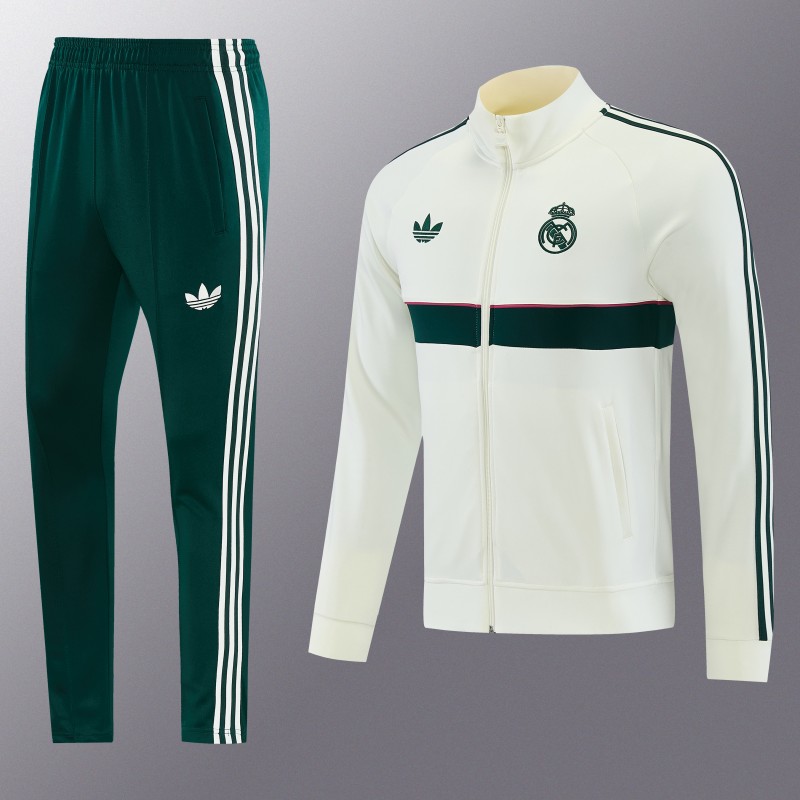 26/27 Real Madrid CF White Full Zipper Jacket Tracksuit + Green Long Pants