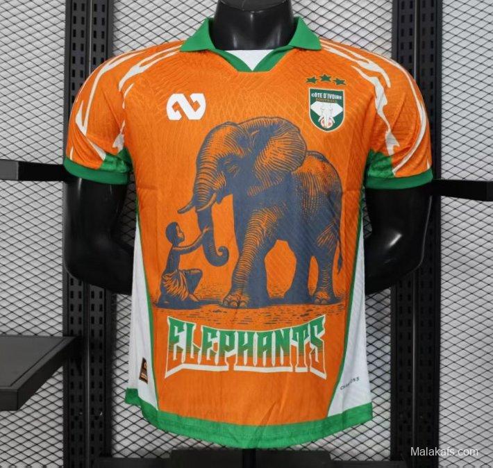 Player Version 2025 Ivory Coast Orange with Elephant Graphic and Green Accents Jersey