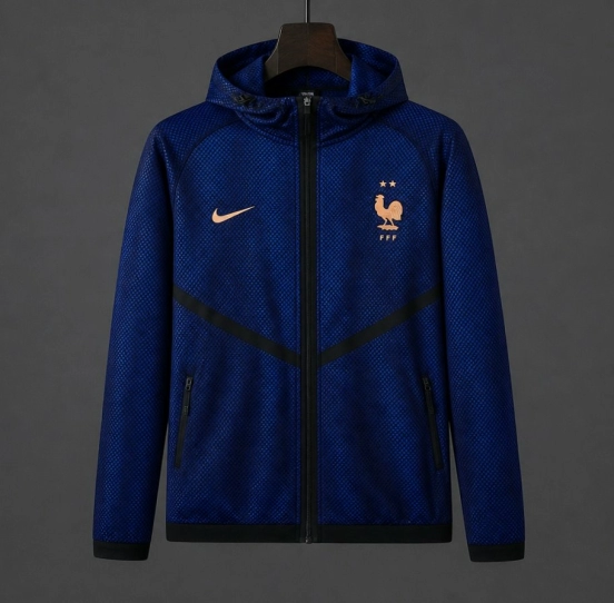 26/27 France Navy Blue Mesh Anthem Full Zipper Hooded Windbreaker Jacket